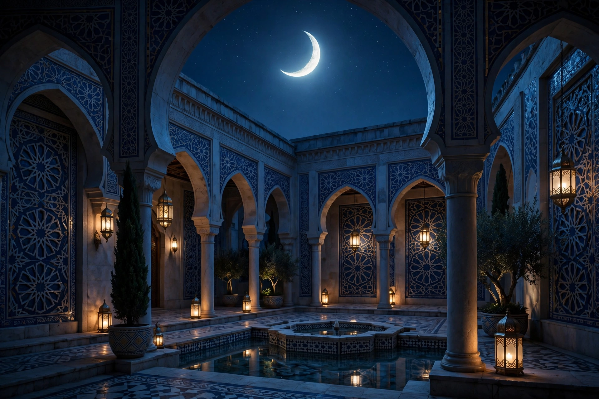 protection prayers against evil ayat al kursi crescent moon over islamic courtyard at night