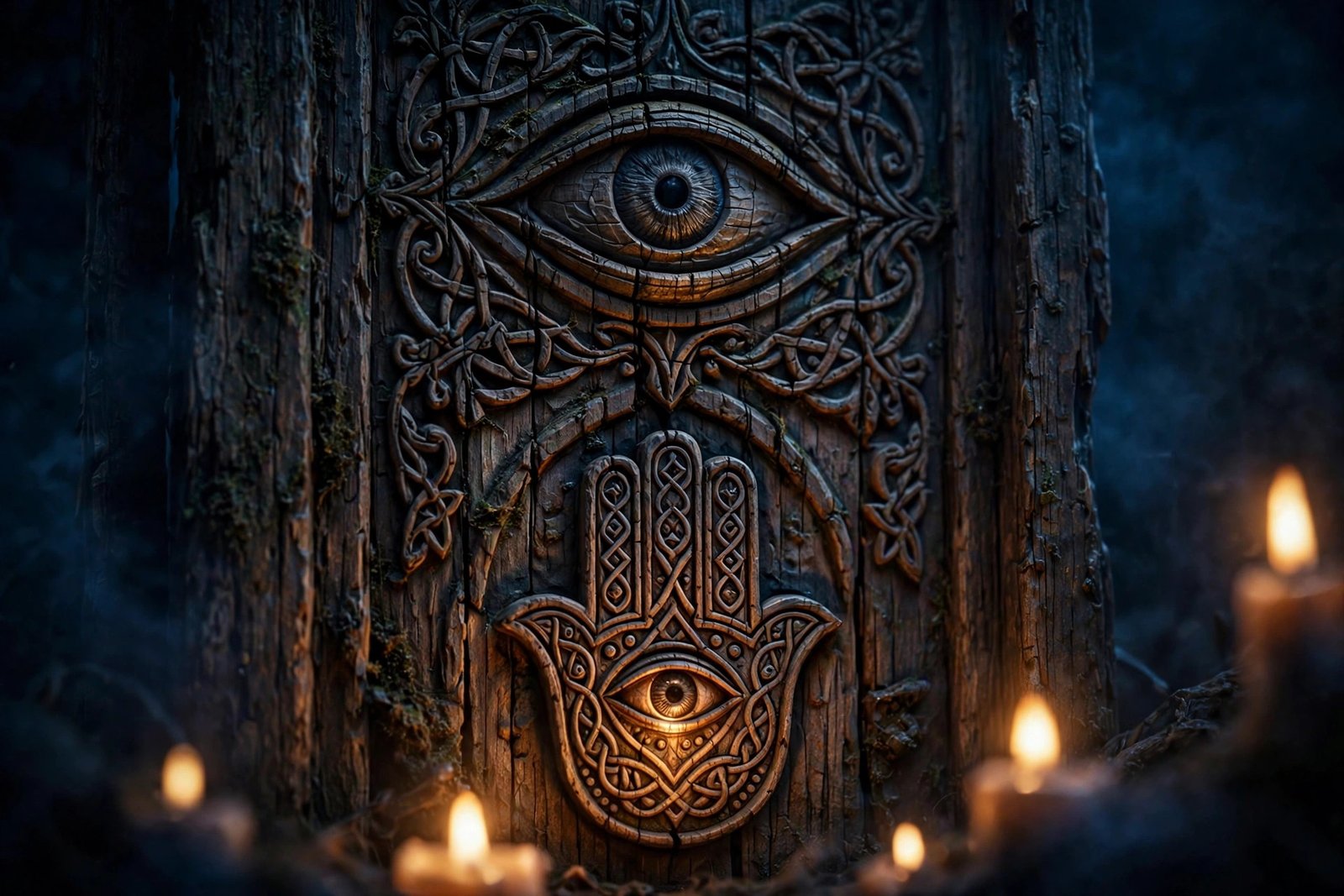 Wooden door carved with protective symbols — spiritual protection symbols carved on wooden door