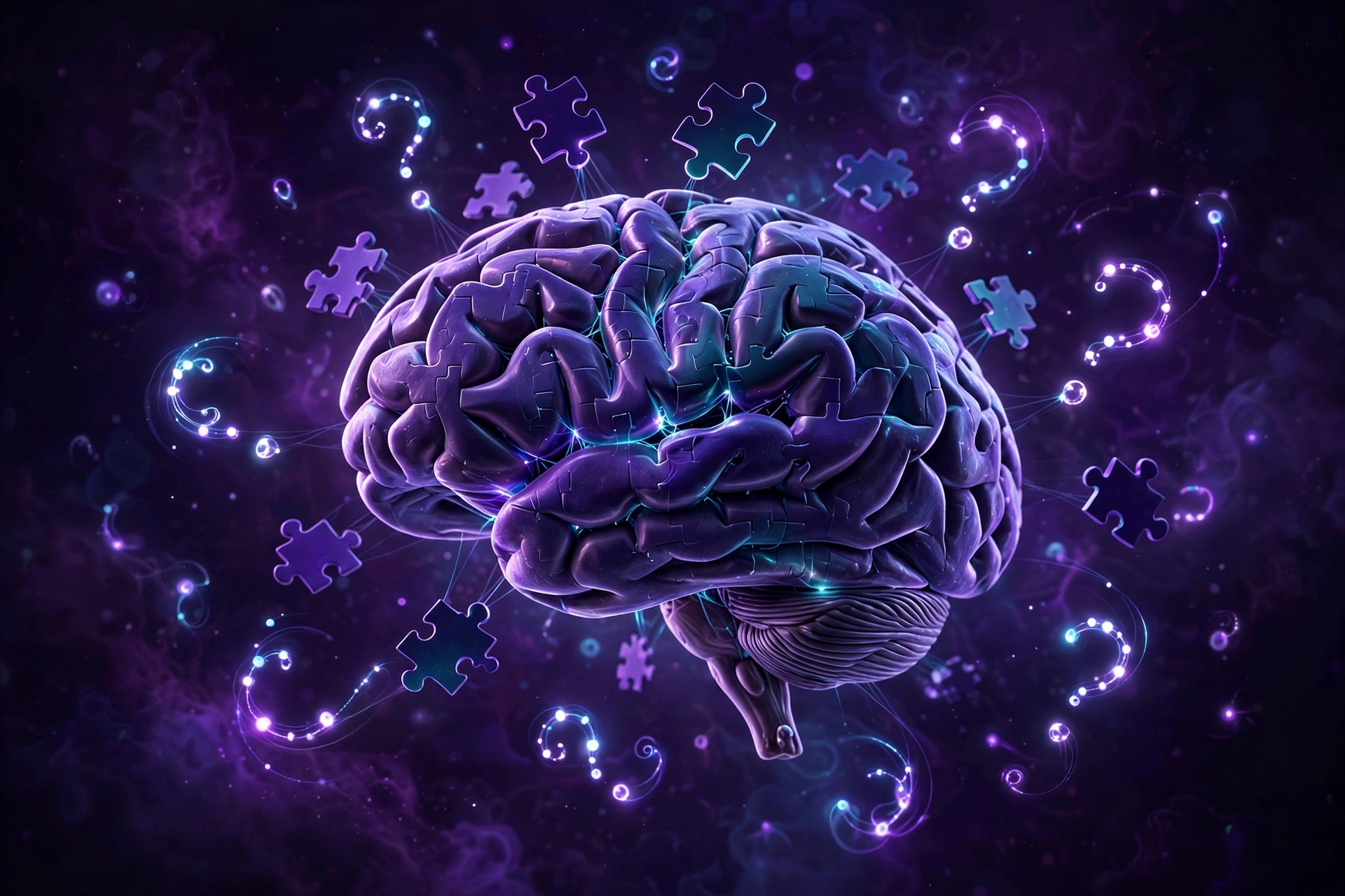 Mandela effect false memory: human brain made of glowing puzzle pieces