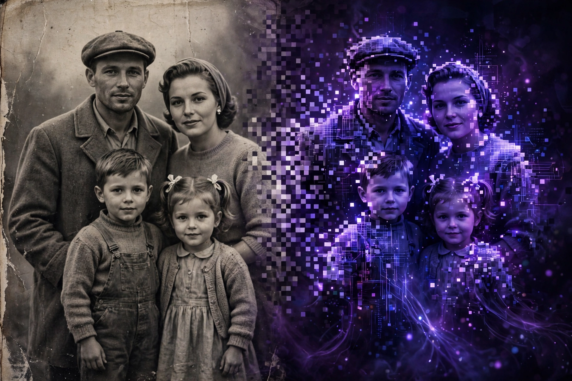 Memory vs reality concept: vintage photograph fading into digital pixels