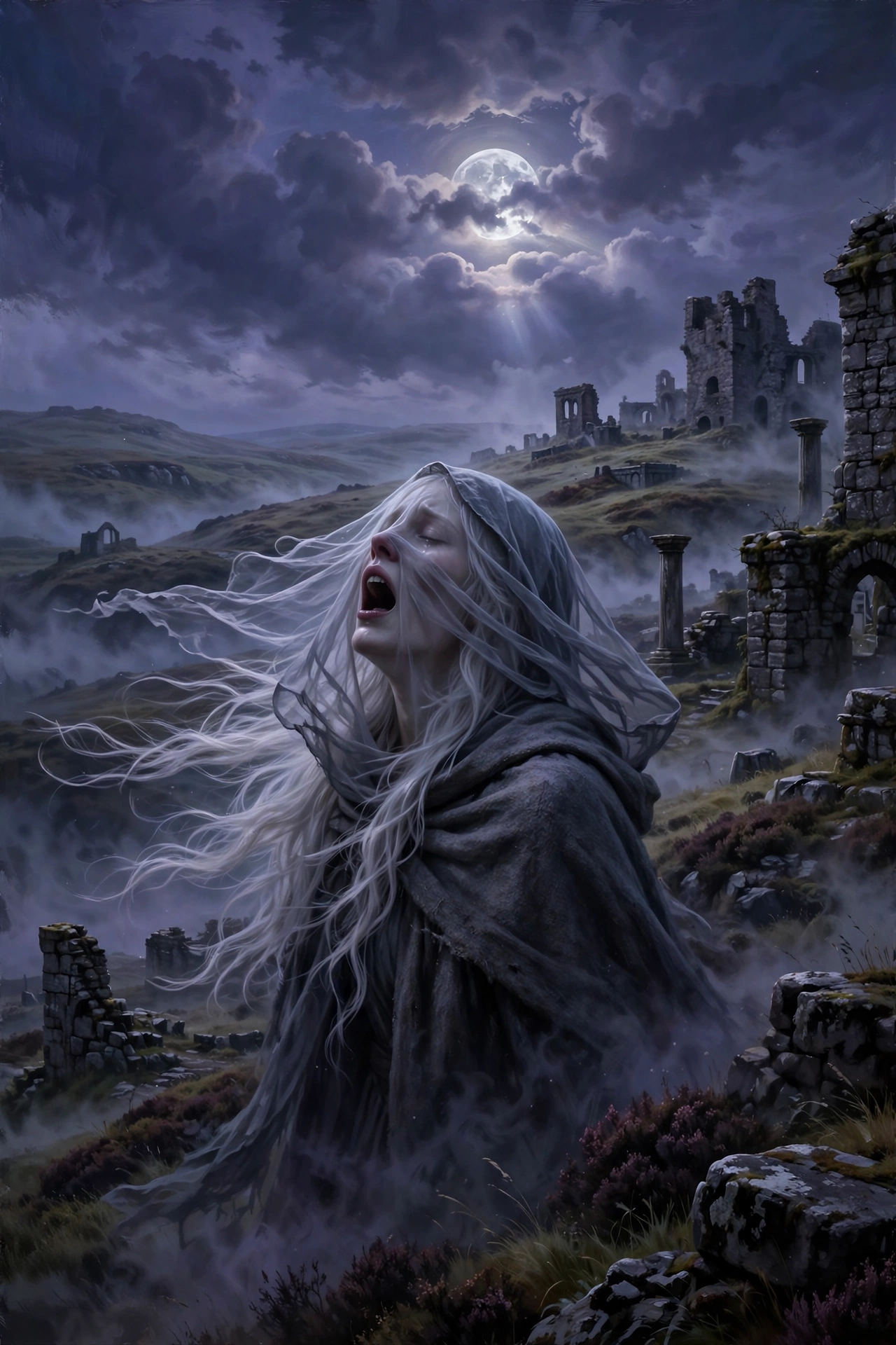 Banshee Irish mythology spirit as a veiled woman wailing on a misty Irish hillside at night